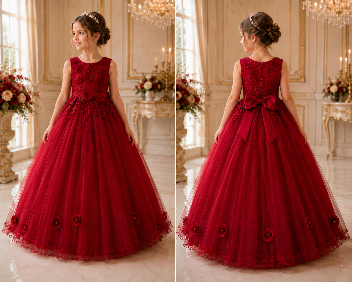 Floravia Kinder Ballkleid in Bordeauxrot – Vorder- und Rückansicht mit dekorativer Schleife am Rücken