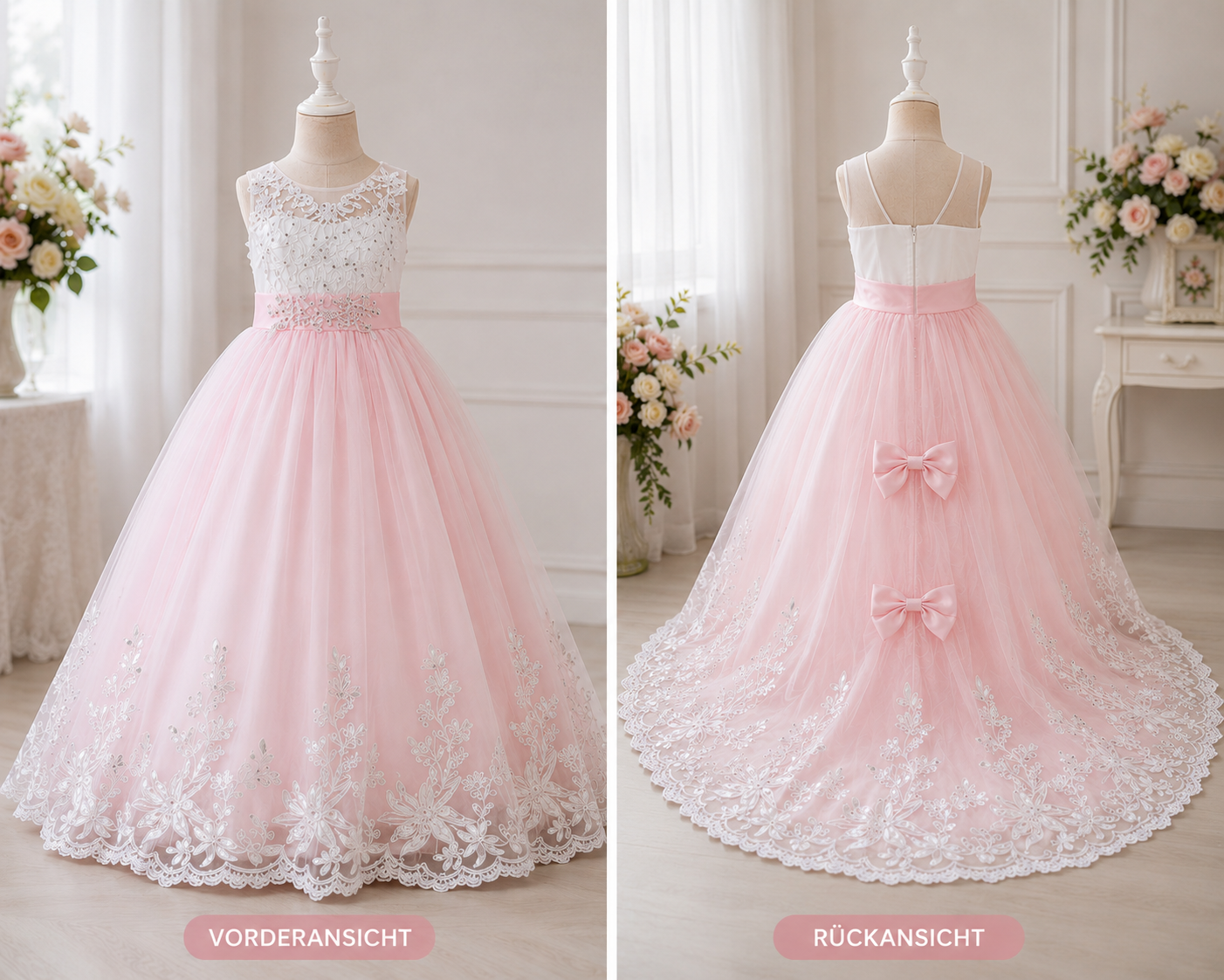Prinzessinnenkleid Florelisse Vorder- und Rückansicht mit Schleppe, Spitzenoberteil und Schleifendetails