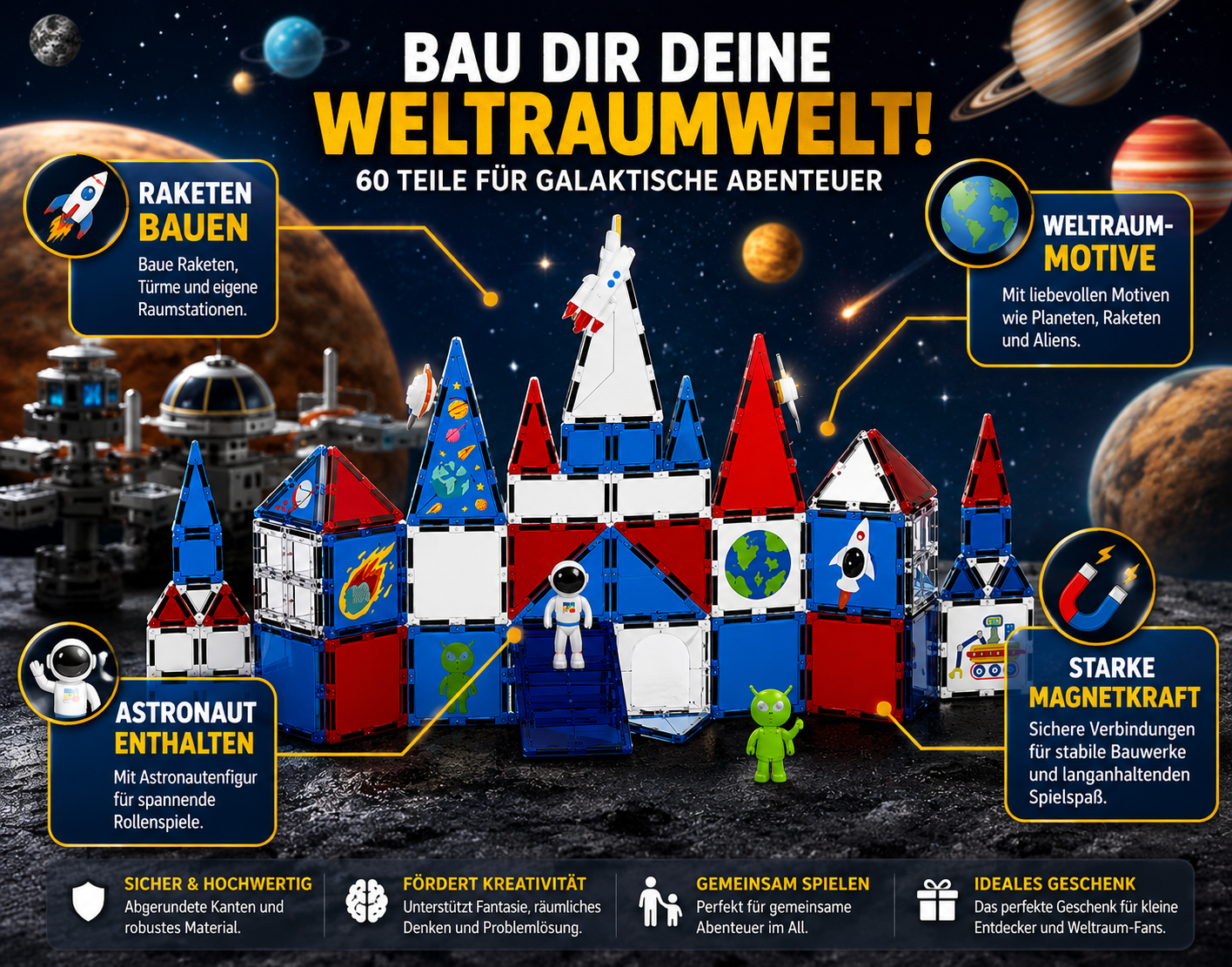 Weltraum Magnetbausteine mit Raketen, Astronaut, starken Magnetverbindungen und 60 Teilen für kreative Bauabenteuer.