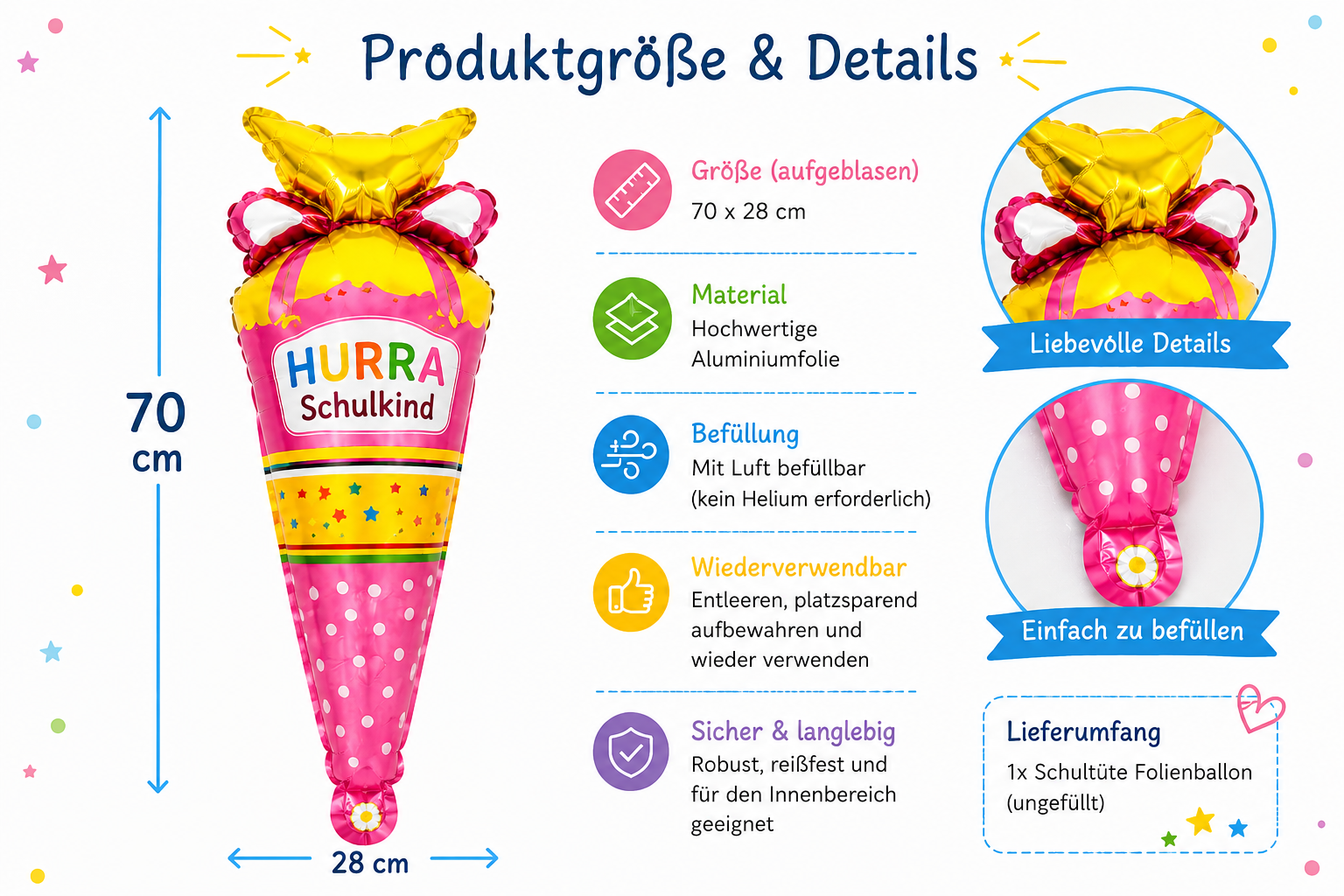 Hurra Schulkind Folienballon Schultüte 70 x 28 cm mit Größenangaben, Materialinformationen und Befüllungsdetails.