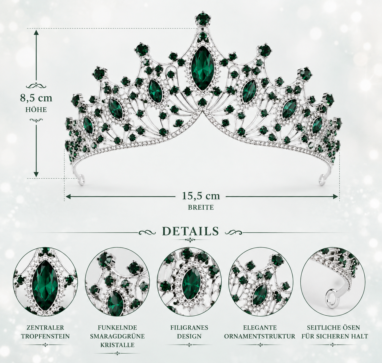 Tiara Verelisse – Maße und Details der silbernen Prinzessinnen-Krone mit smaragdgrünen Steinen