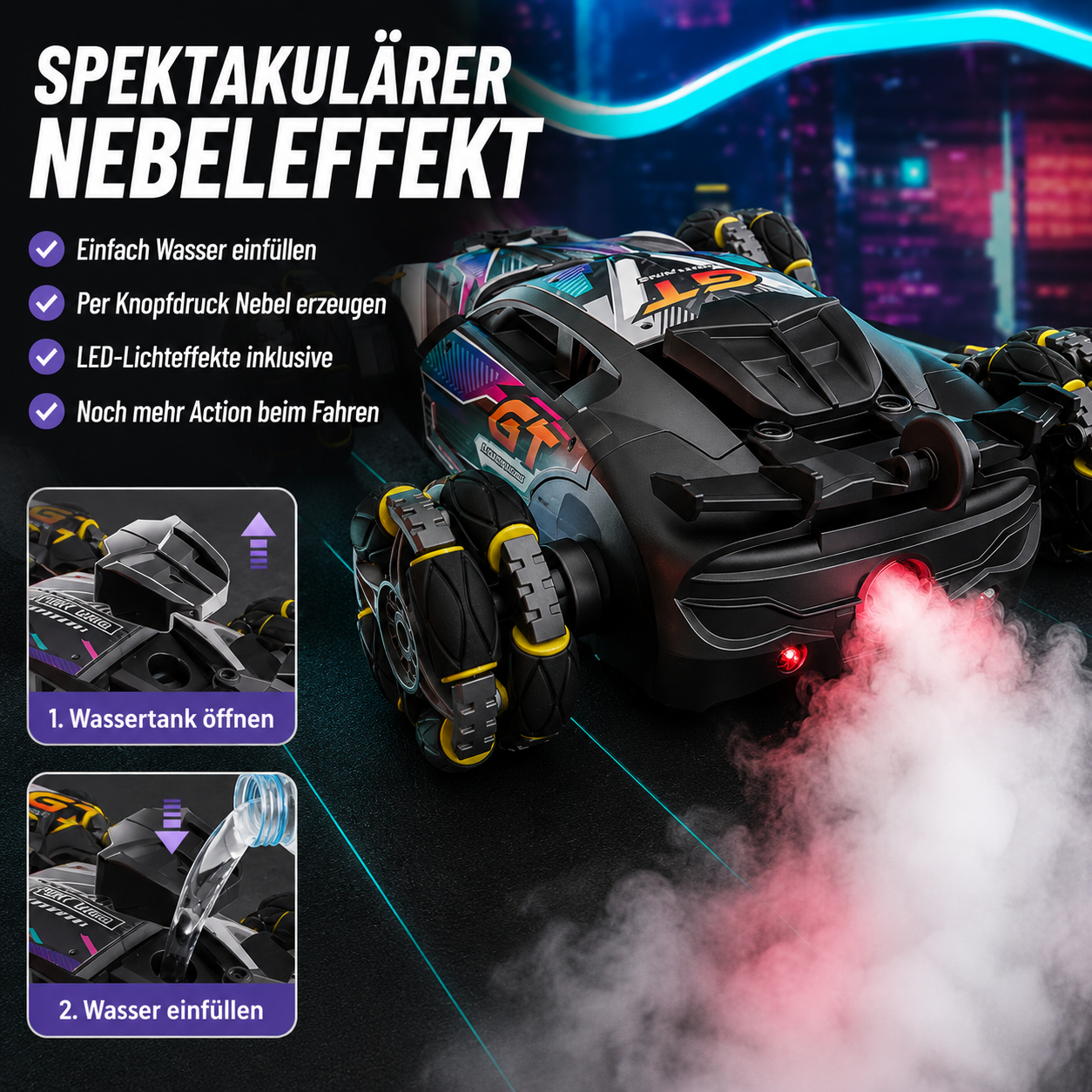 HydroDrift RC Stuntauto mit spektakulärem Nebeleffekt und LED-Lichtshow