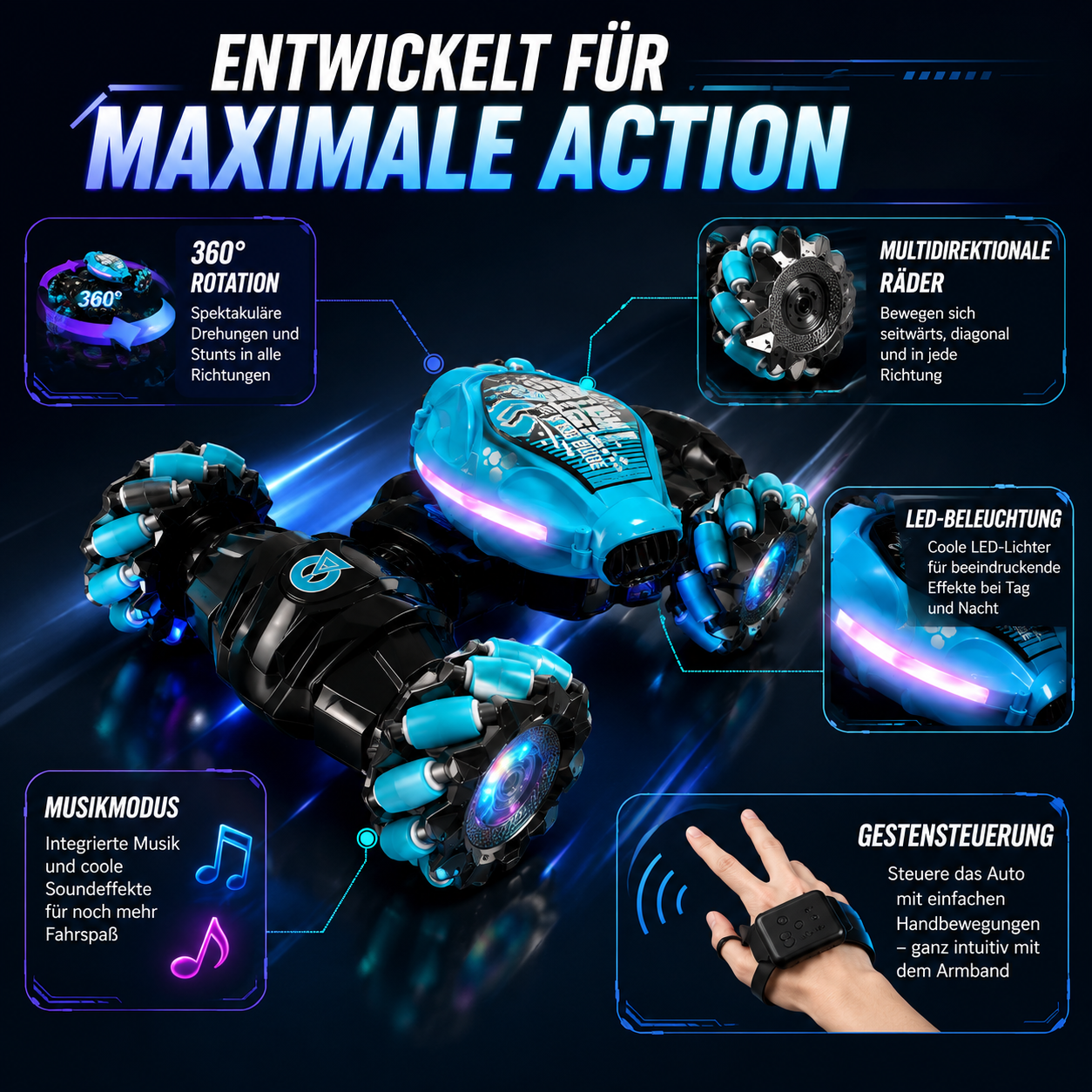 FunWheelz Stuntauto mit Gestensteuerung, LED-Beleuchtung und multidirektionalen Rädern