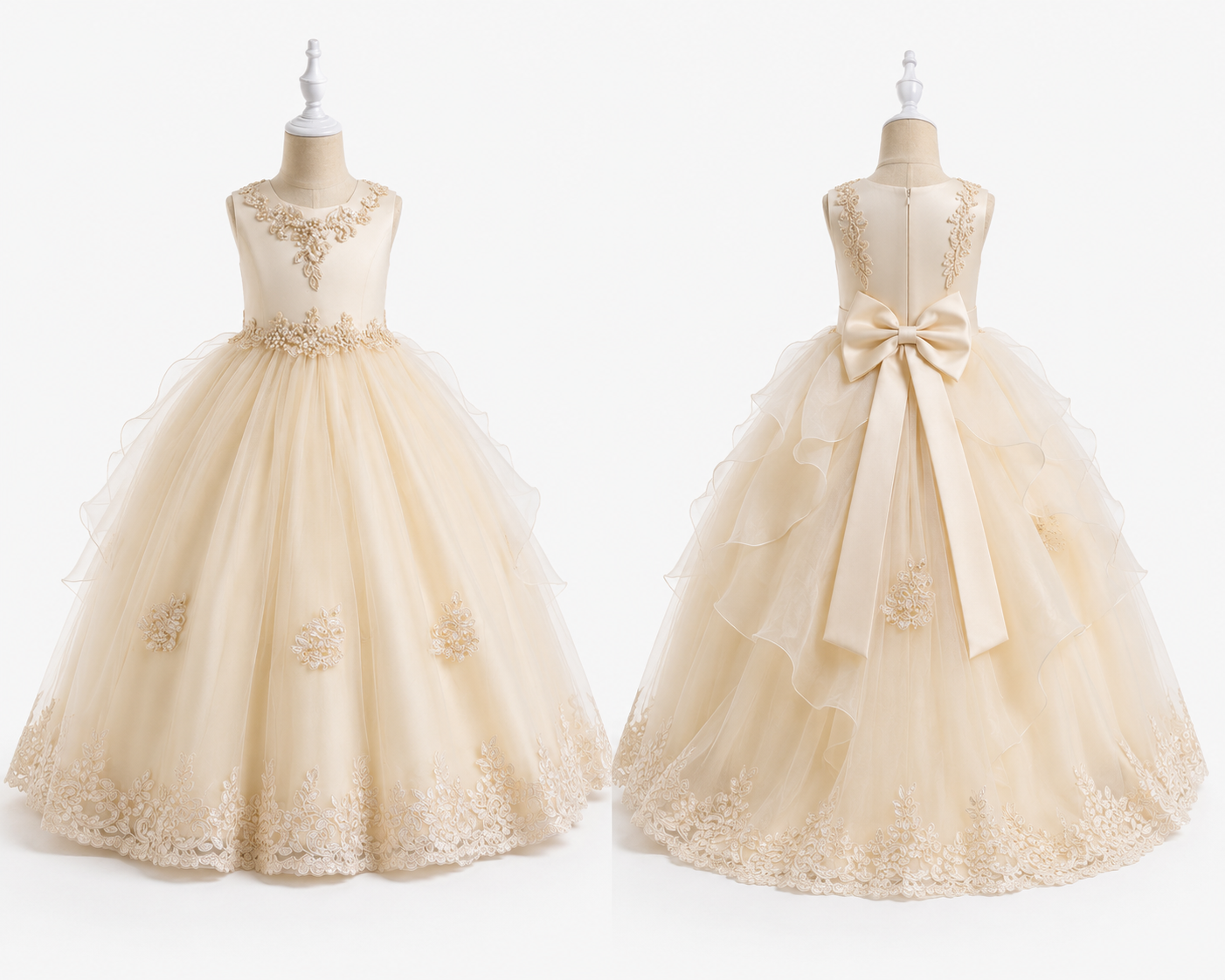 Elegance Mädchenkleid in Creme – Vorder- und Rückansicht mit Schleife und Stickereien