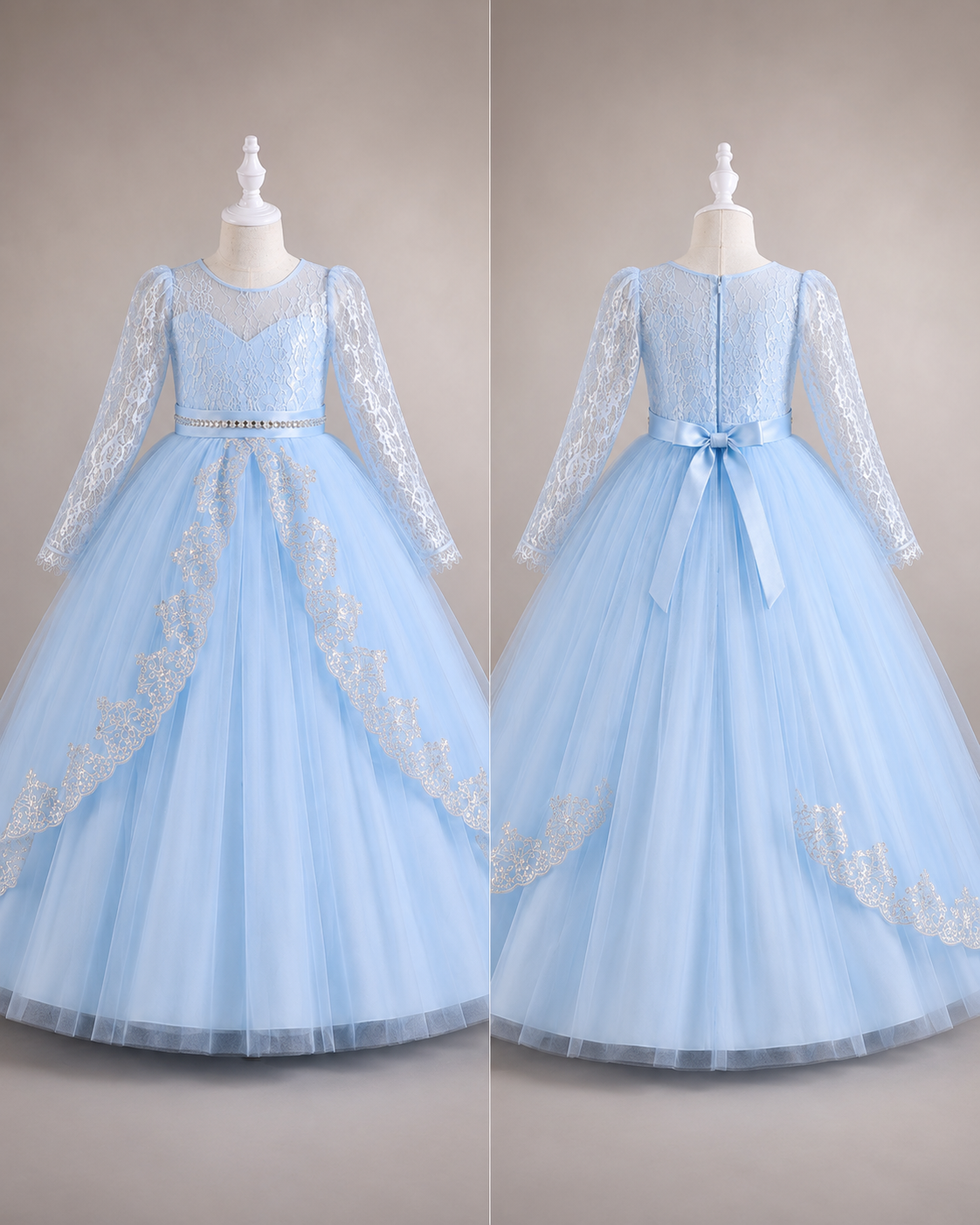 Celestial Kinderkleid in Himmelblau – Vorder- und Rückansicht mit Spitzenärmeln und besticktem Tüllrock