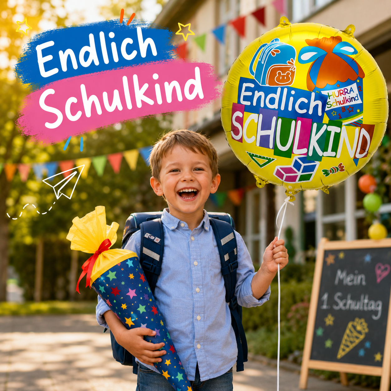 Kind mit Endlich Schulkind Ballon, Schultüte und Schulranzen am ersten Schultag zur Einschulung.