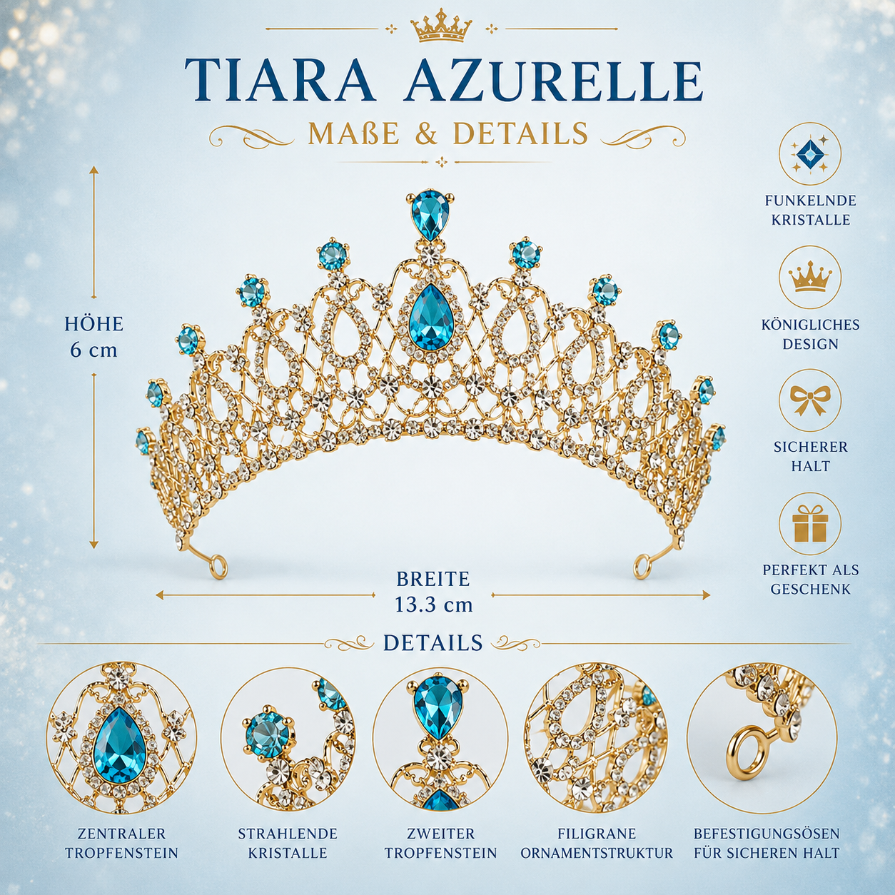 Tiara Azurelle – Detailaufnahme des zentralen Tropfensteins und der Ornamentstruktur