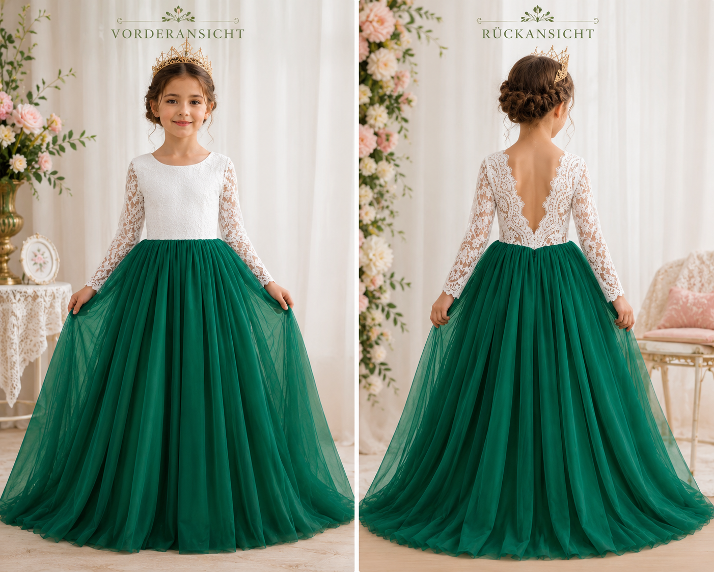 Prinzessinnenkleid Sylvara Vorderansicht mit weißem Spitzenoberteil und smaragdgrünem Tüllrock; Prinzessinnenkleid Sylvara Rückansicht mit elegantem Spitzenrücken und langem Tüllrock