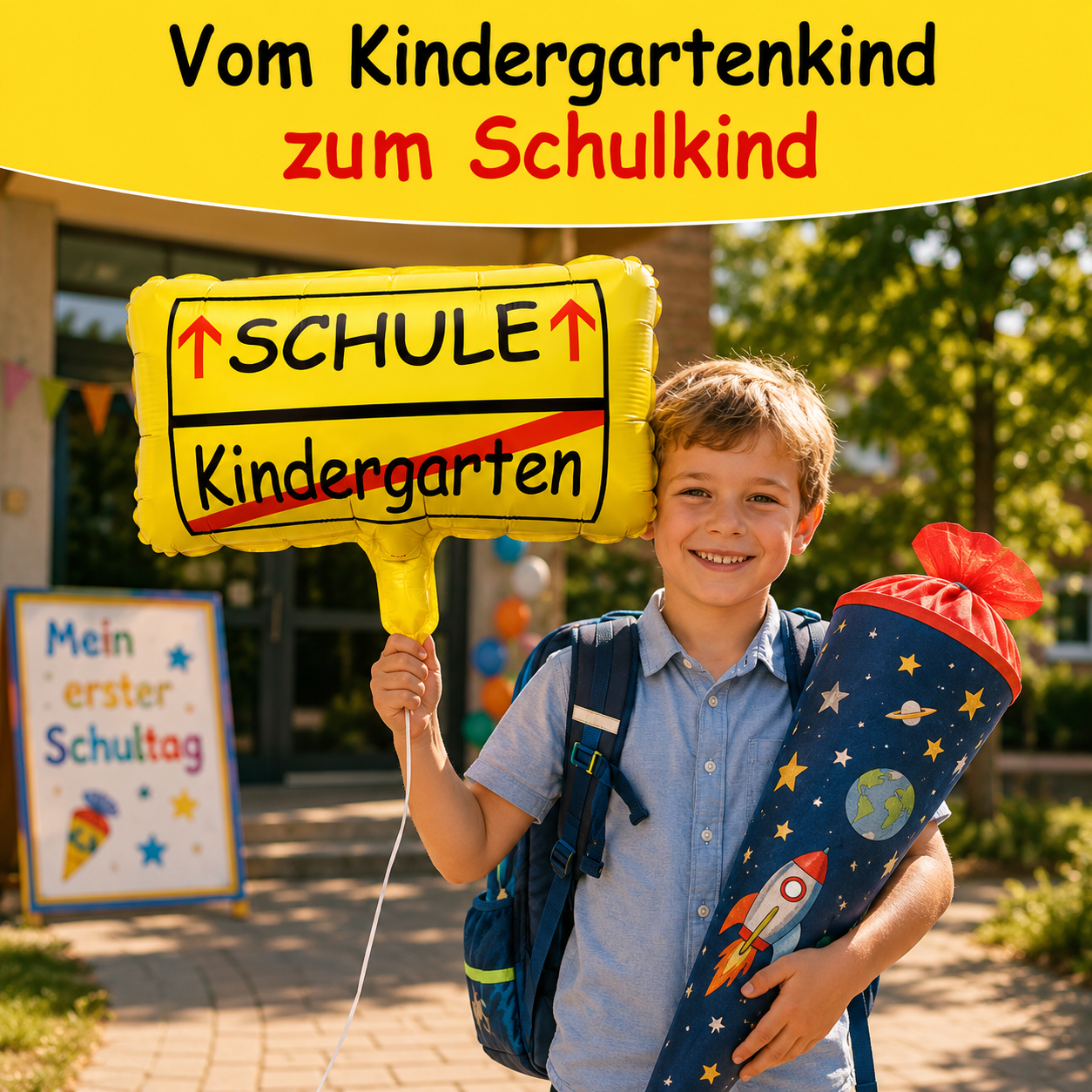 Kind mit Schule statt Kindergarten Ballon, Schulranzen und Schultüte am ersten Schultag zur Einschulung.