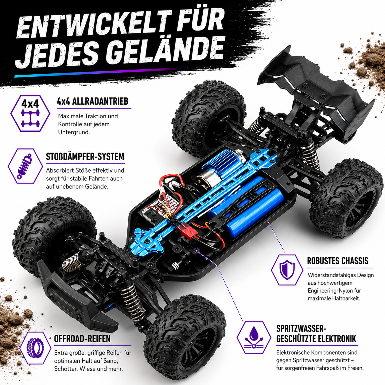 Rapidly RC Monstertruck Chassis mit 4x4 Allradantrieb und Stoßdämpfer-System