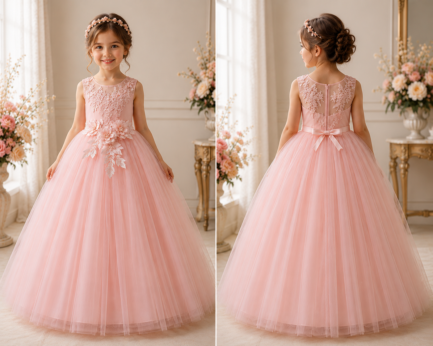 Vorder- und Rückansicht des Florélia Prinzessinnenkleides in Rosa mit zarter Rückenschleife