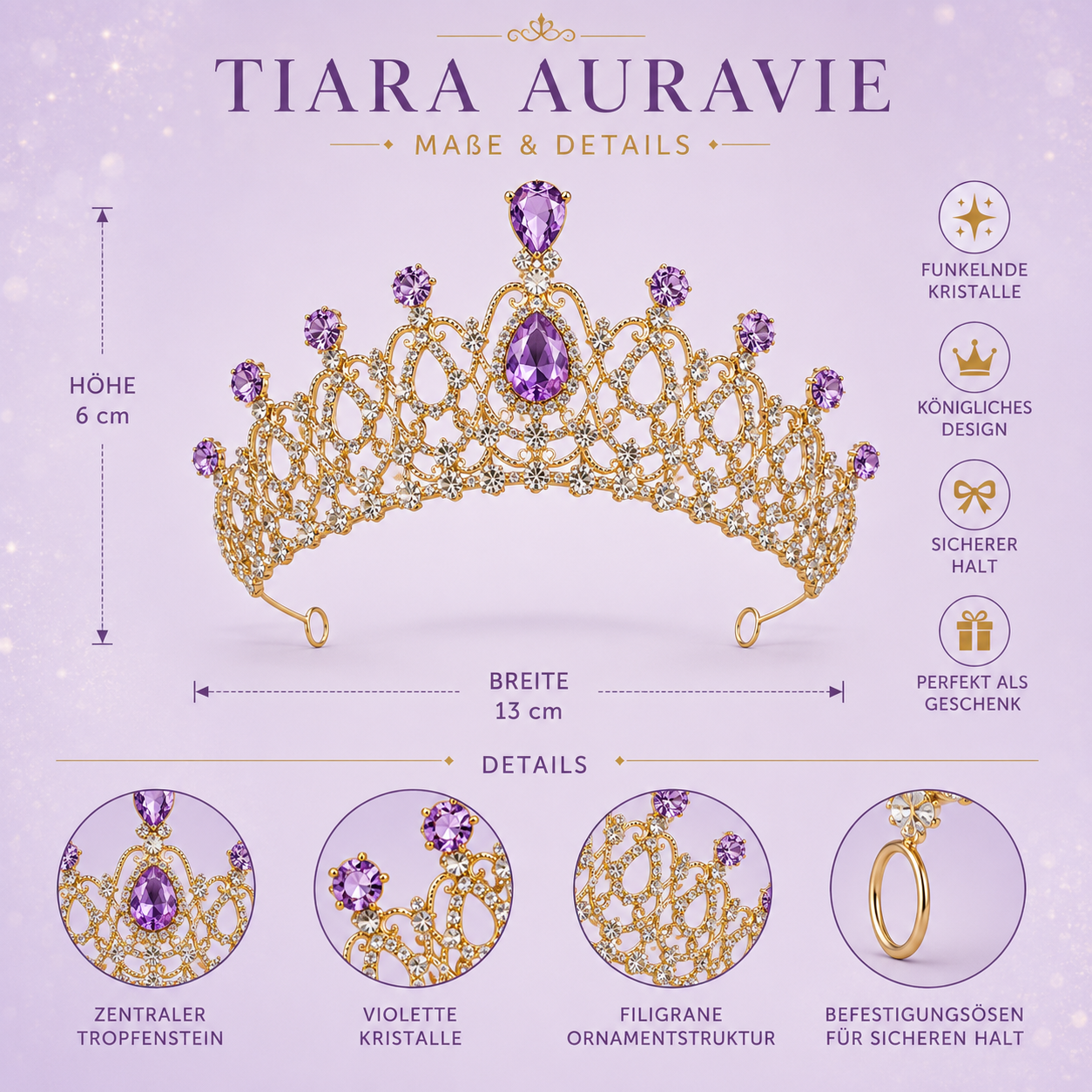 Tiara Auravie – Detailaufnahme des zentralen Tropfensteins und der Ornamentstruktur