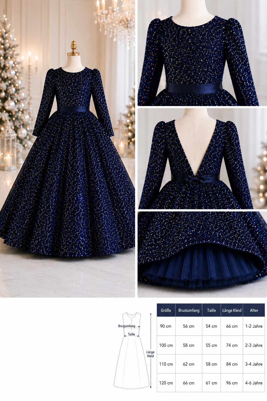 Luna Mädchenkleid im Überblick mit Vorderansicht, Rückansicht, Glitzerdetails und Größentabelle für Kinder.