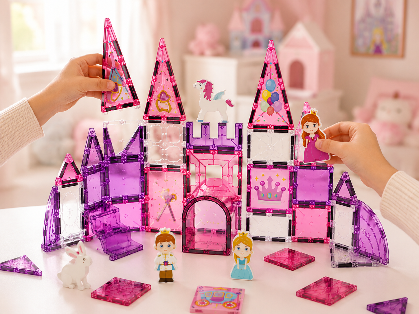 Hände bauen ein märchenhaftes Schloss aus Magnetbausteinen und setzen Türme sowie Figuren ein.