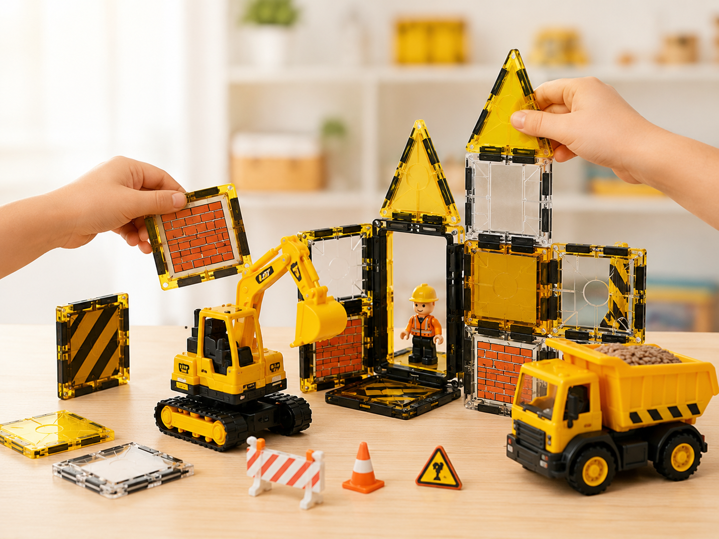 Hände bauen eine Baustelle aus Magnetbausteinen und setzen Bagger, Kipplaster und Baustellenelemente zusammen.