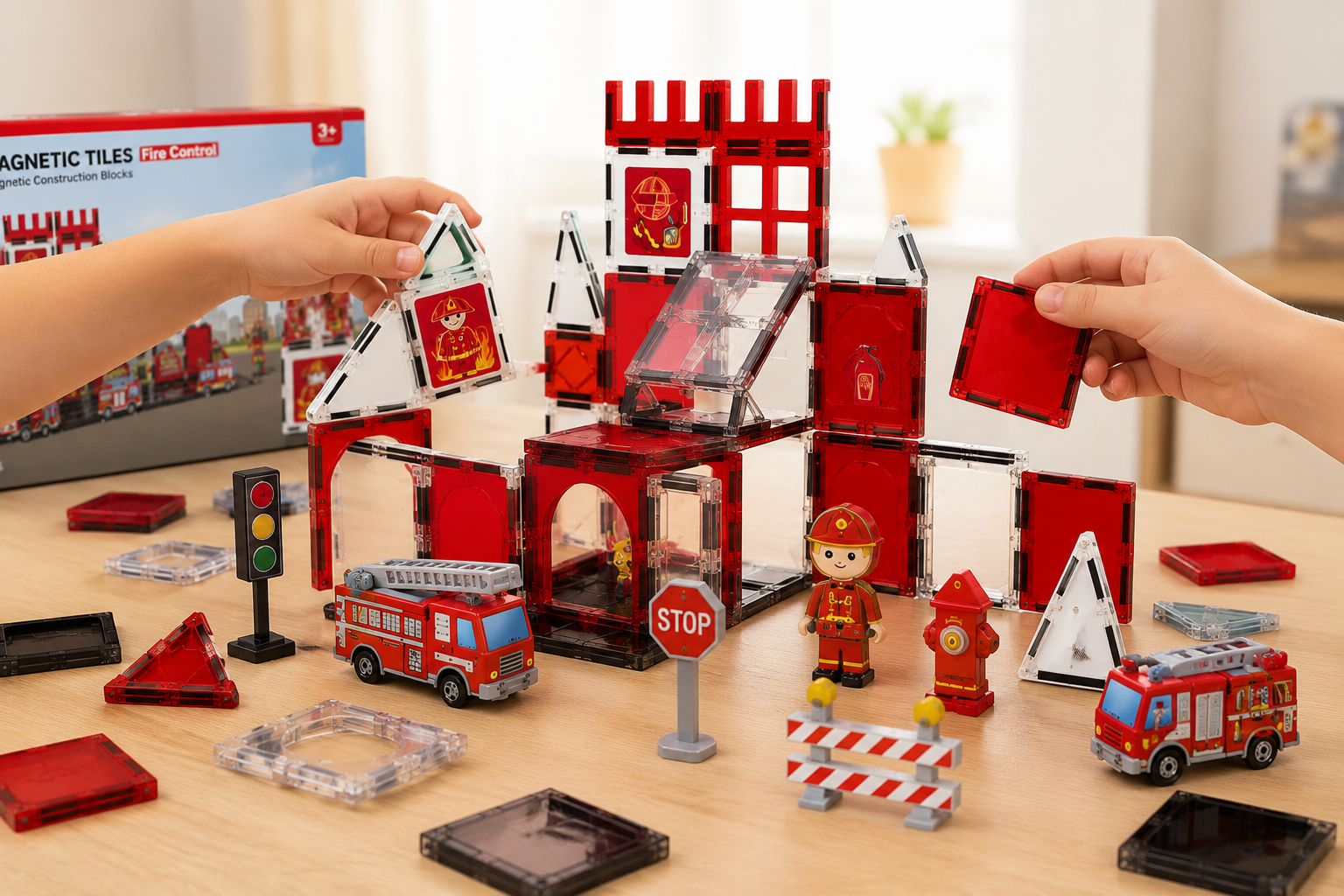 Kinderhände bauen eine Feuerwehrstation aus Magnetbausteinen mit Fahrzeugen und Zubehör.