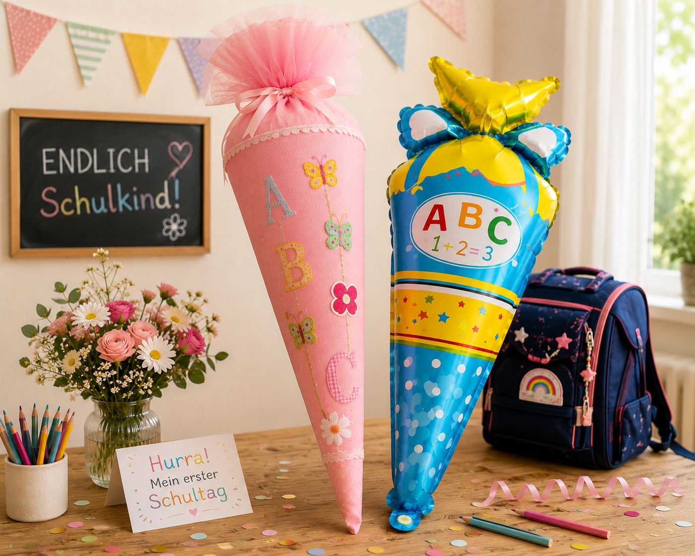 Dekoration zur Einschulung mit Schultütenballon für Mädchen und Jungen.