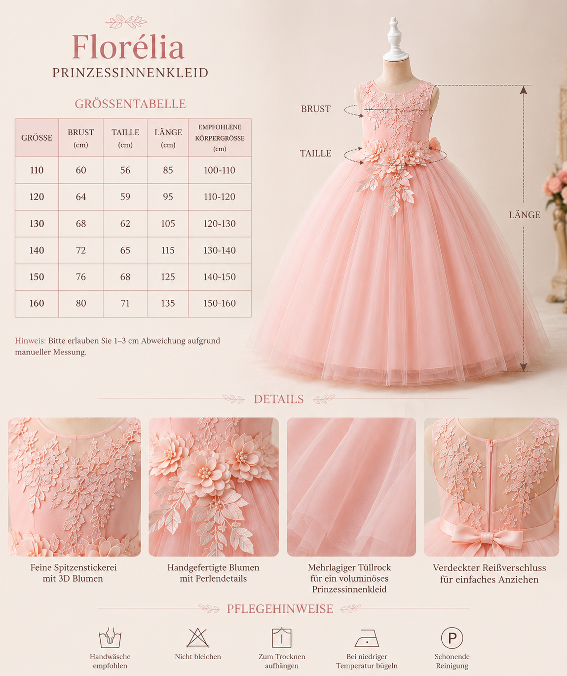 Größentabelle und Detailansichten der floralen Applikationen des Florélia Prinzessinnenkleides
