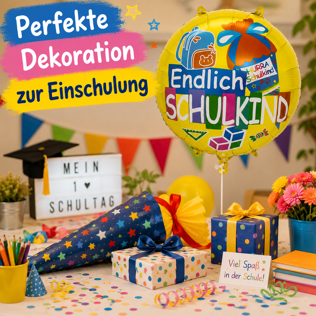 Endlich Schulkind Folienballon als Dekoration für Einschulungsfeier mit Schultüte, Geschenken und Konfetti.