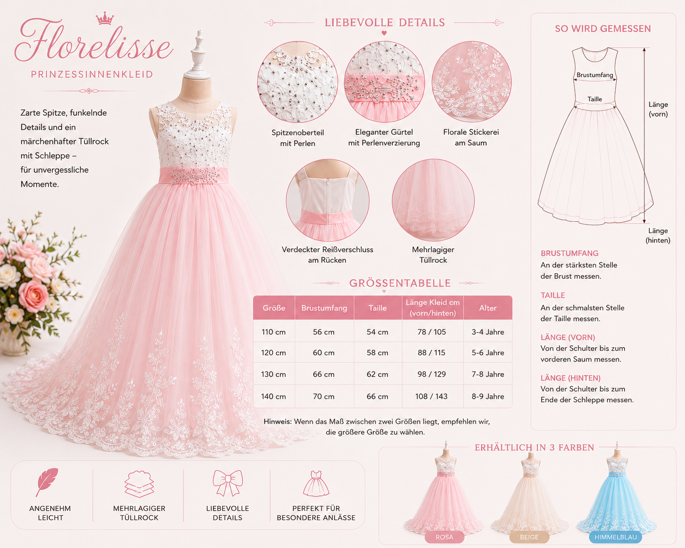 Prinzessinnenkleid Florelisse mit Größentabelle, Spitzenstickerei, Perlenverzierung und Tüllrock