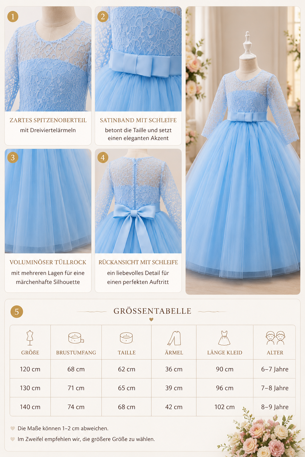Elaria Festkleid mit Spitzenärmeln, Tüllrock und Größentabelle für Mädchen