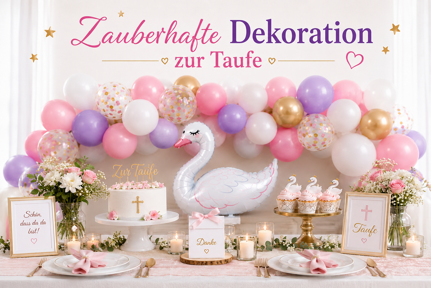 Schwan Ballongirlande als festliche Dekoration zur Taufe mit Pastell- und Goldballons.
