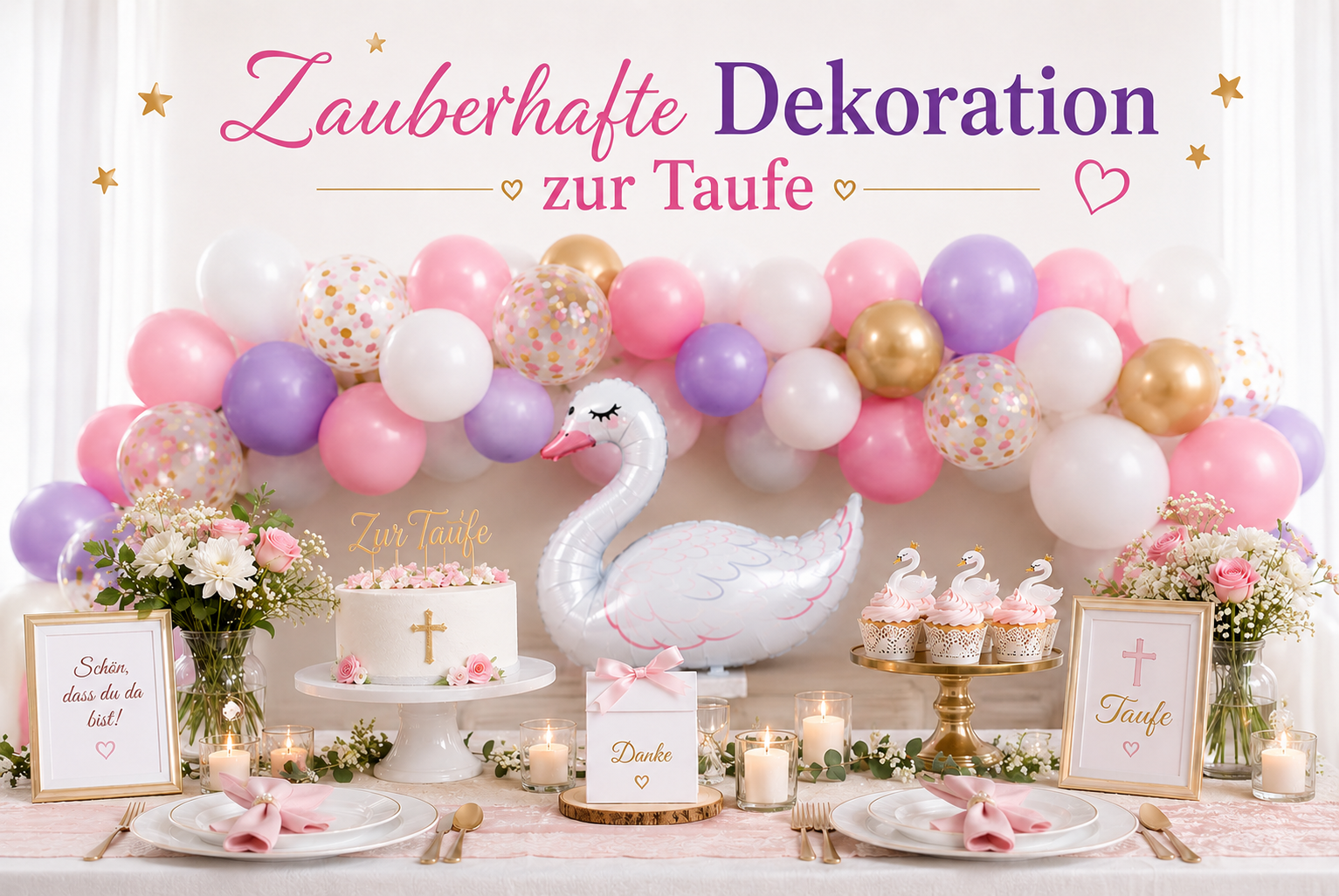 Schwan Ballongirlande als festliche Dekoration zur Taufe mit Pastell- und Goldballons.