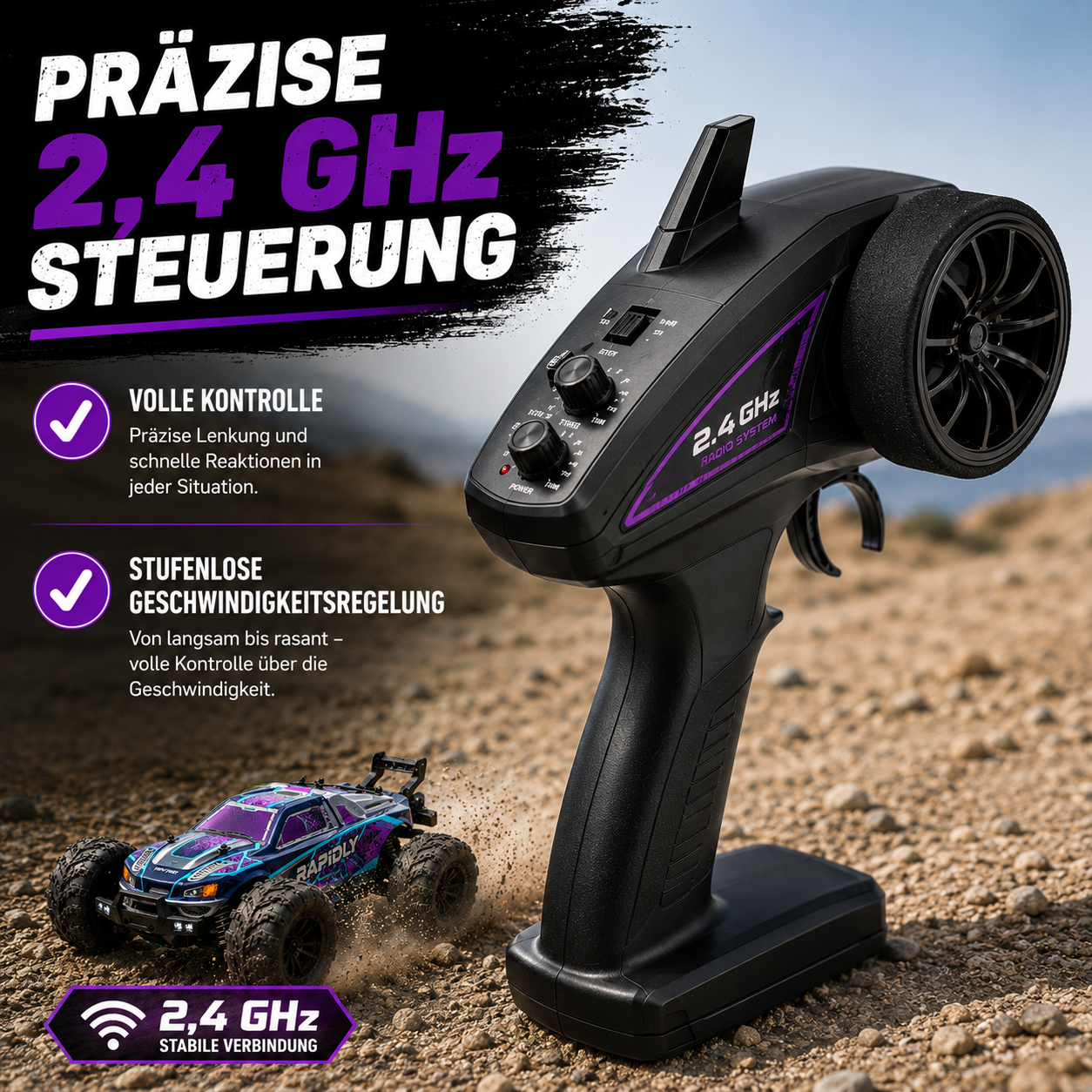 2,4 GHz Fernsteuerung für den Rapidly RC Monstertruck mit präziser Steuerung