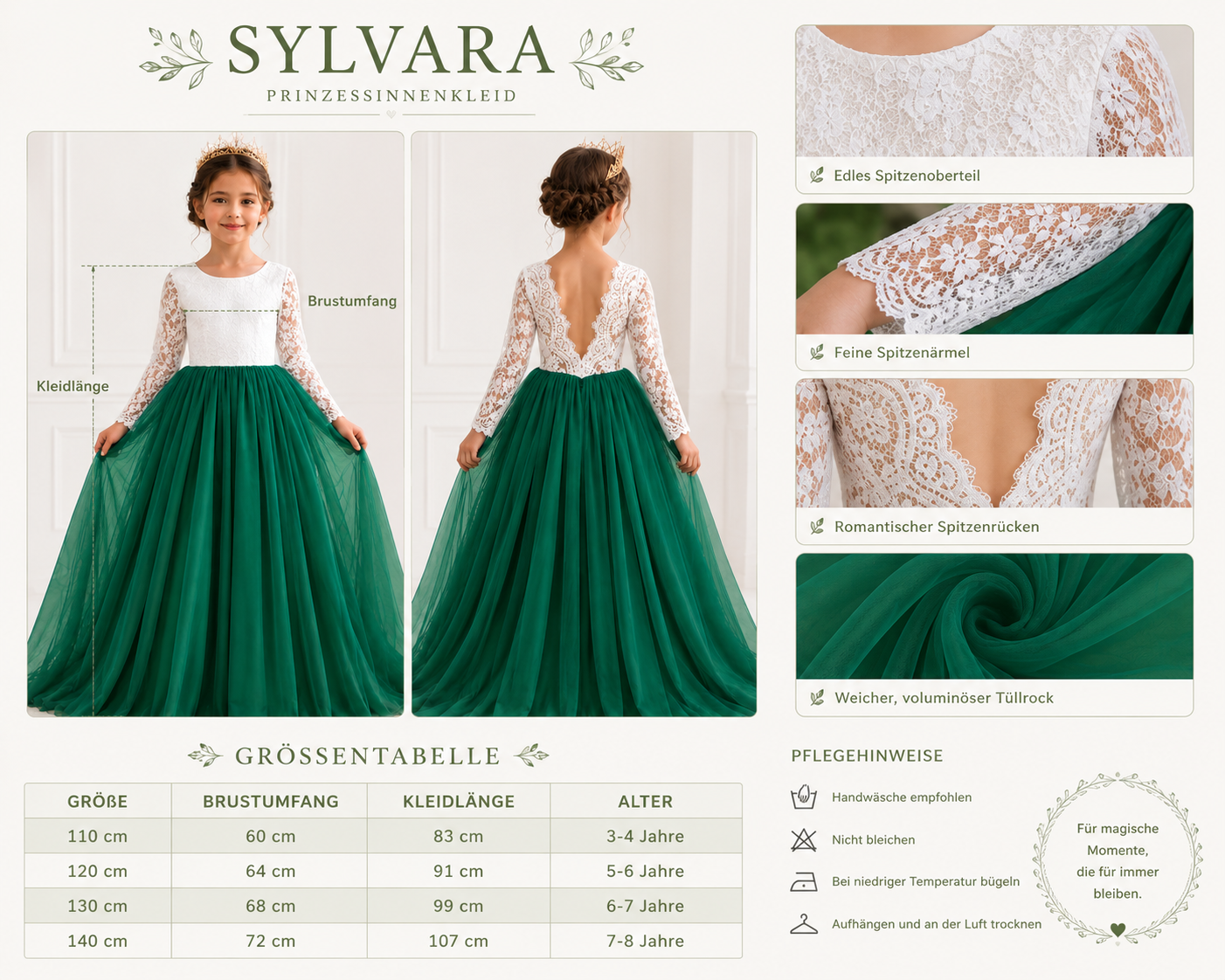 Prinzessinnenkleid Sylvara mit Größenübersicht, Spitzenoberteil, Spitzenärmeln und Tüllrock