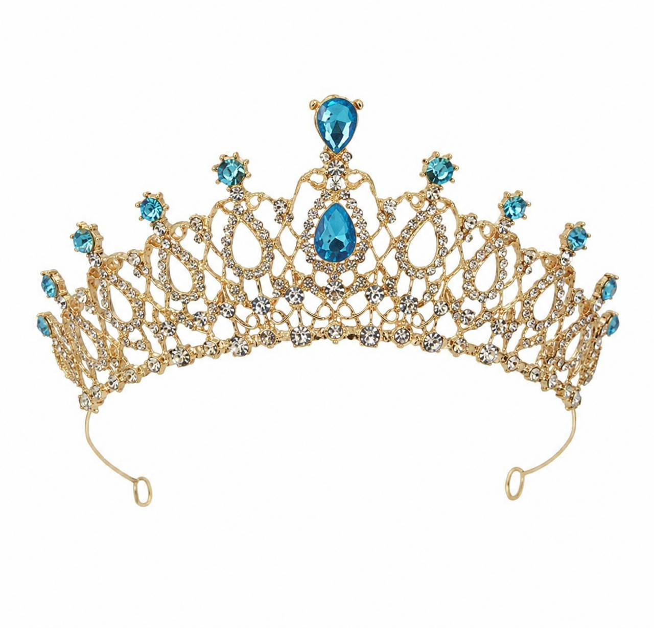 Tiara Azurelle – Seitenansicht der goldenen Krone mit blauen Kristallsteinen