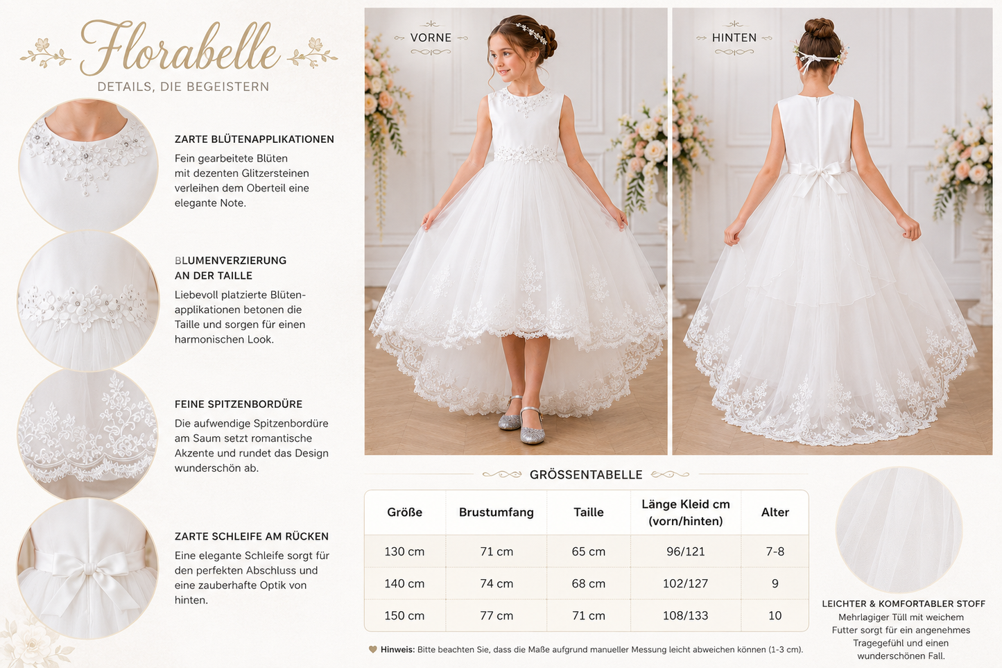Größentabelle und Details zum weißen Blumenmädchenkleid Florabelle