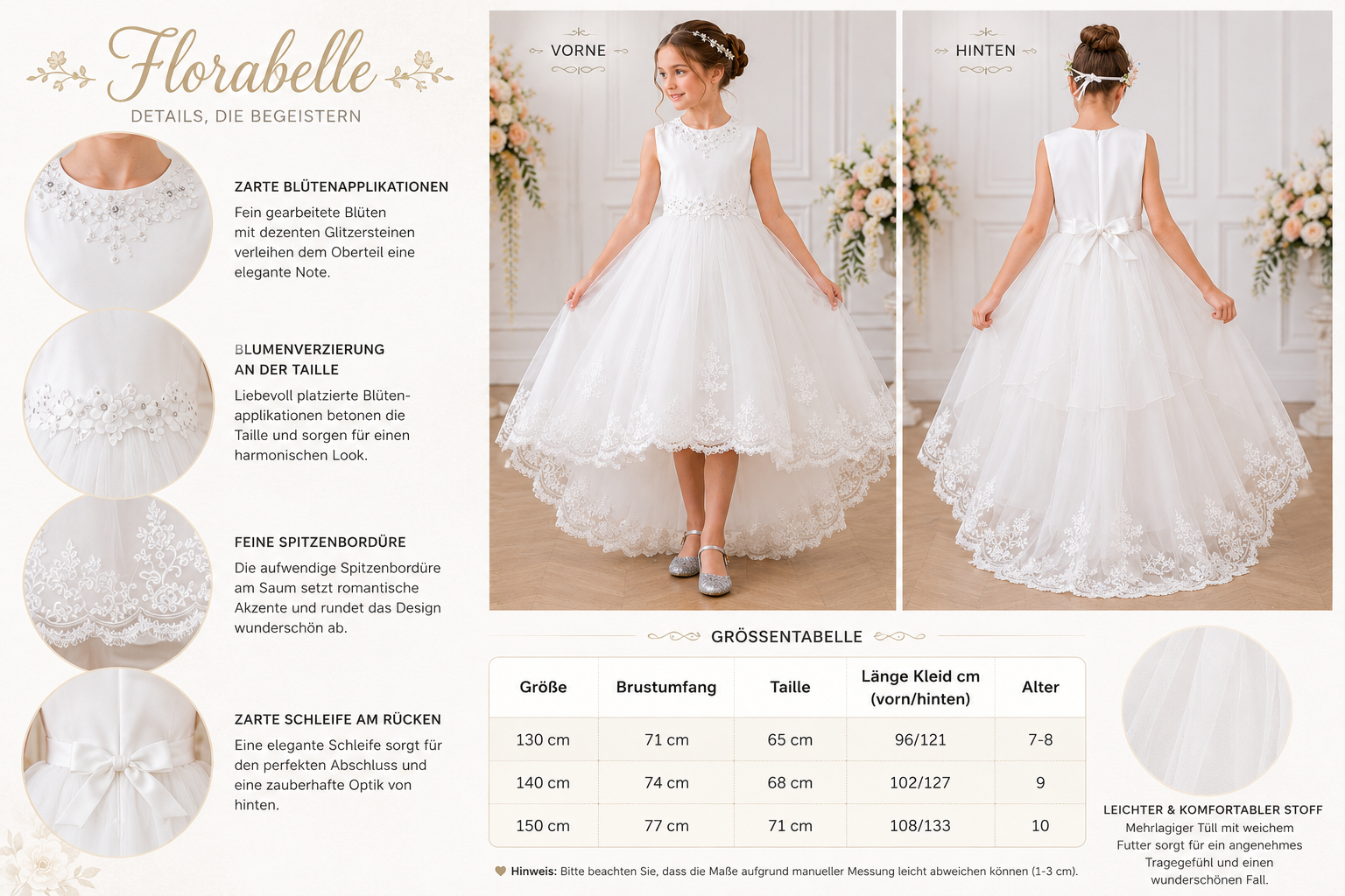 Größentabelle und Details zum weißen Blumenmädchenkleid Florabelle