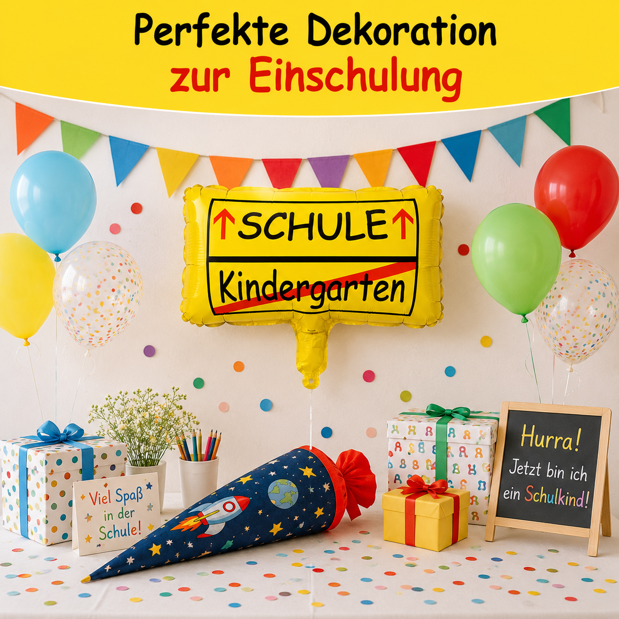 Schule statt Kindergarten Folienballon als Dekoration auf festlich dekoriertem Tisch zur Einschulungsfeier.