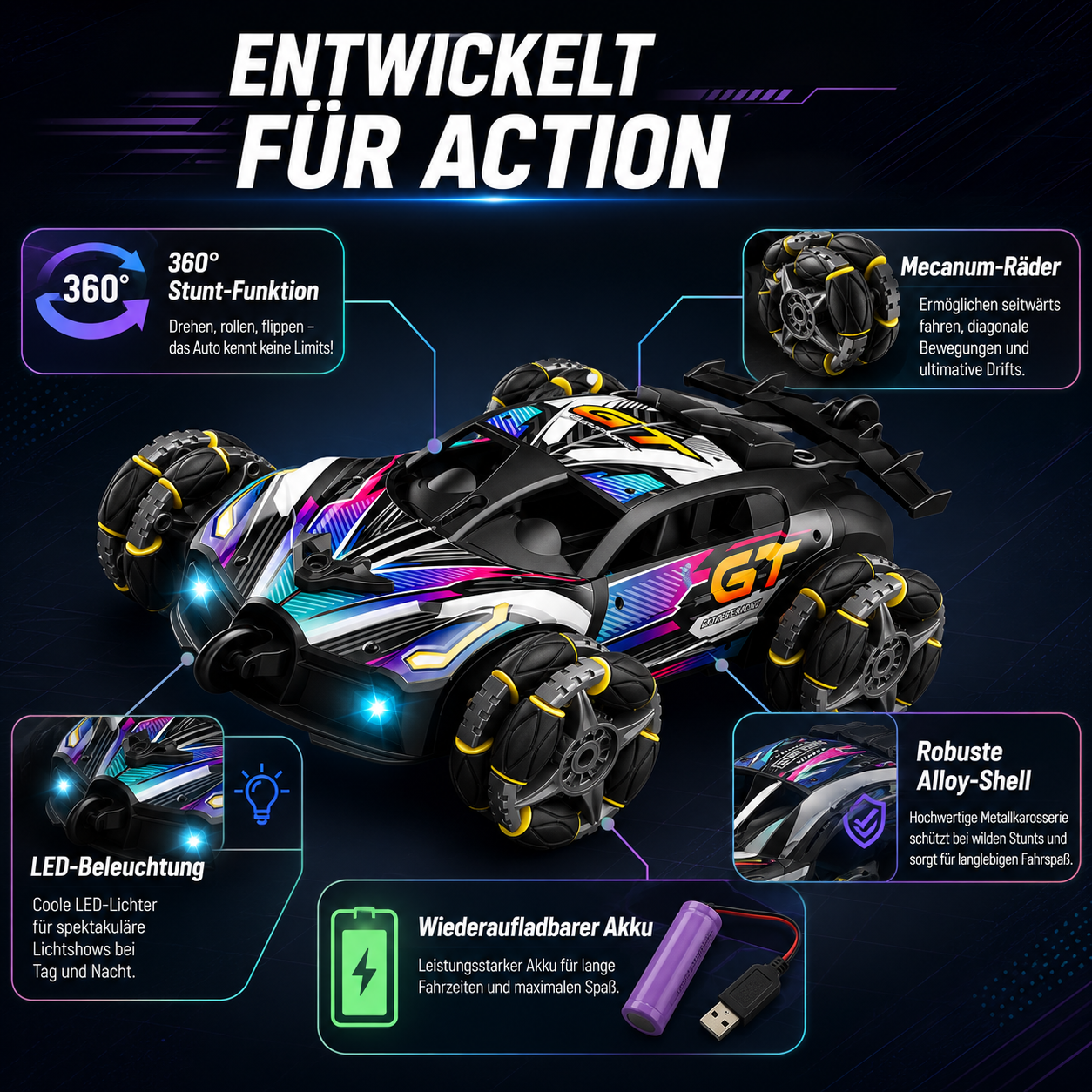 HydroDrift Stuntauto mit Mecanum-Rädern, LED-Beleuchtung, Alloy-Shell und wiederaufladbarem Akku