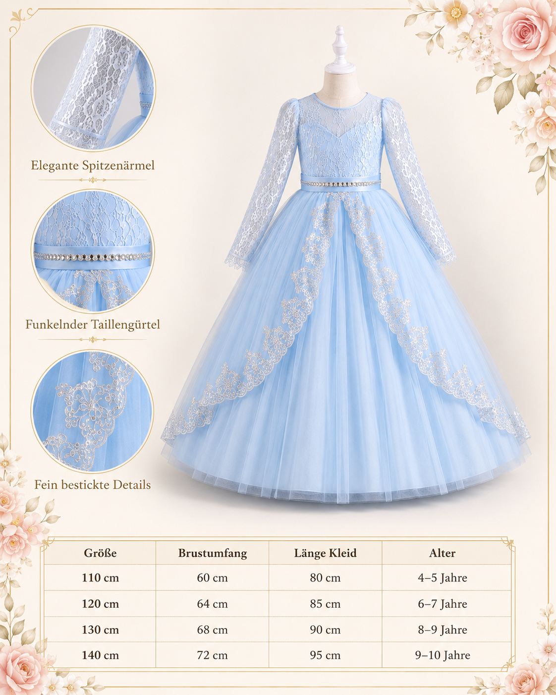 Celestial Kinderkleid in Himmelblau mit Detailansichten von Spitze, Stickereien und Größentabelle