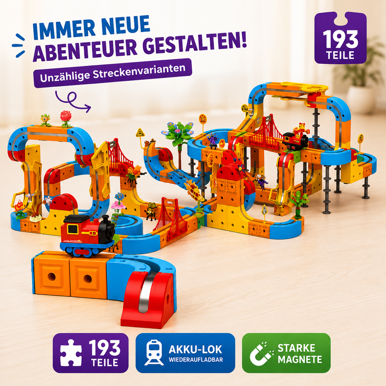 Magnetwelt Abenteuerbahn mit 193 Teilen und zahlreichen Streckenvarianten für immer neue Bau- und Spielabenteuer.
