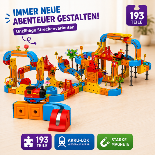 Magnetwelt Abenteuerbahn mit 193 Teilen und zahlreichen Streckenvarianten für immer neue Bau- und Spielabenteuer.
