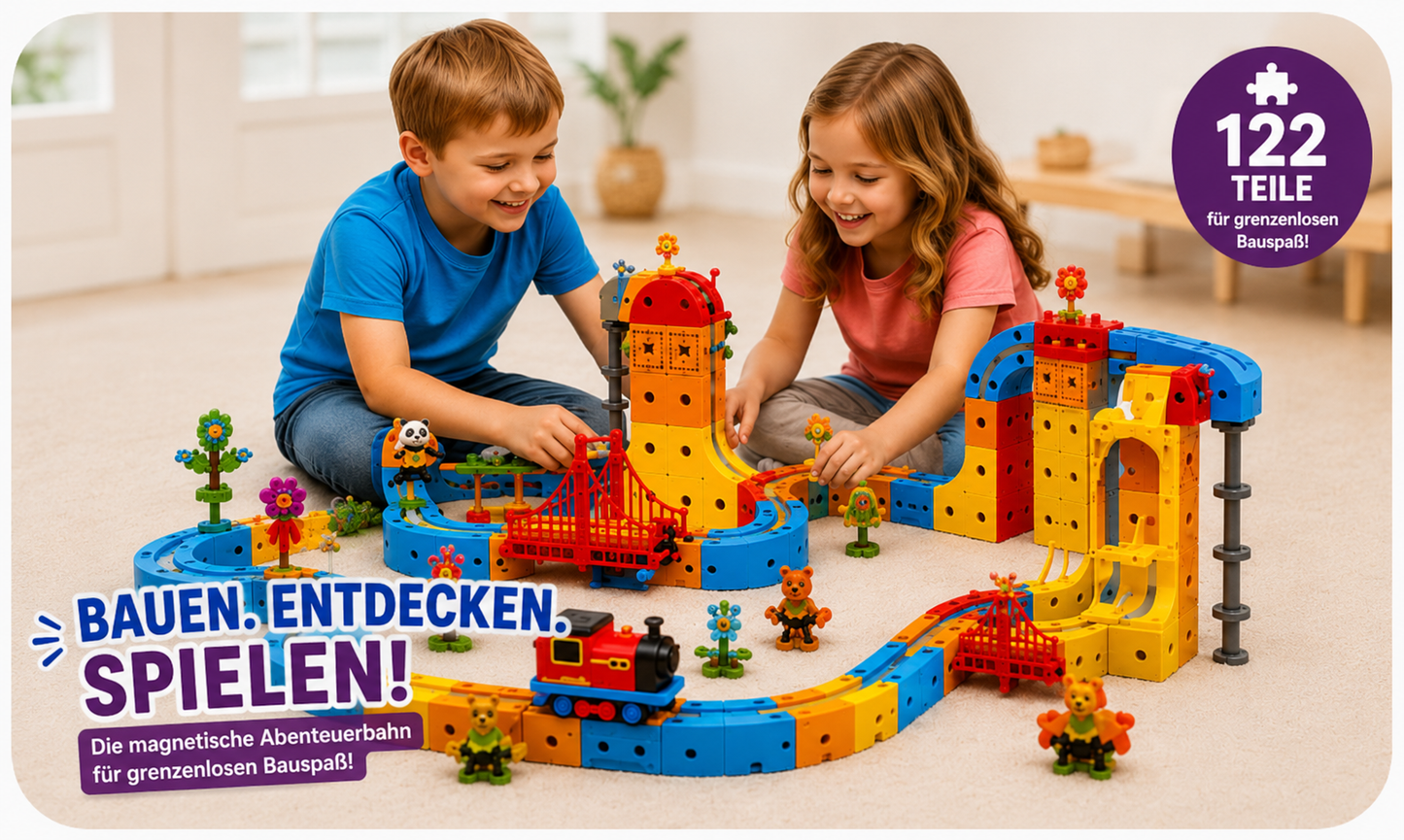 Kinder spielen gemeinsam mit der Magnetwelt Abenteuerbahn und bauen kreative Strecken mit Magnetbausteinen.