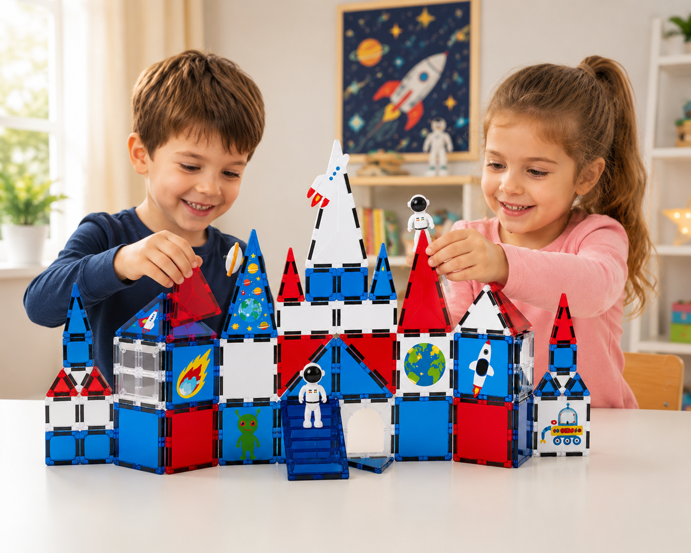 Kinder bauen gemeinsam eine Raumstation aus MagneticGalaxy Magnetbausteinen mit Weltraum-Motiven.