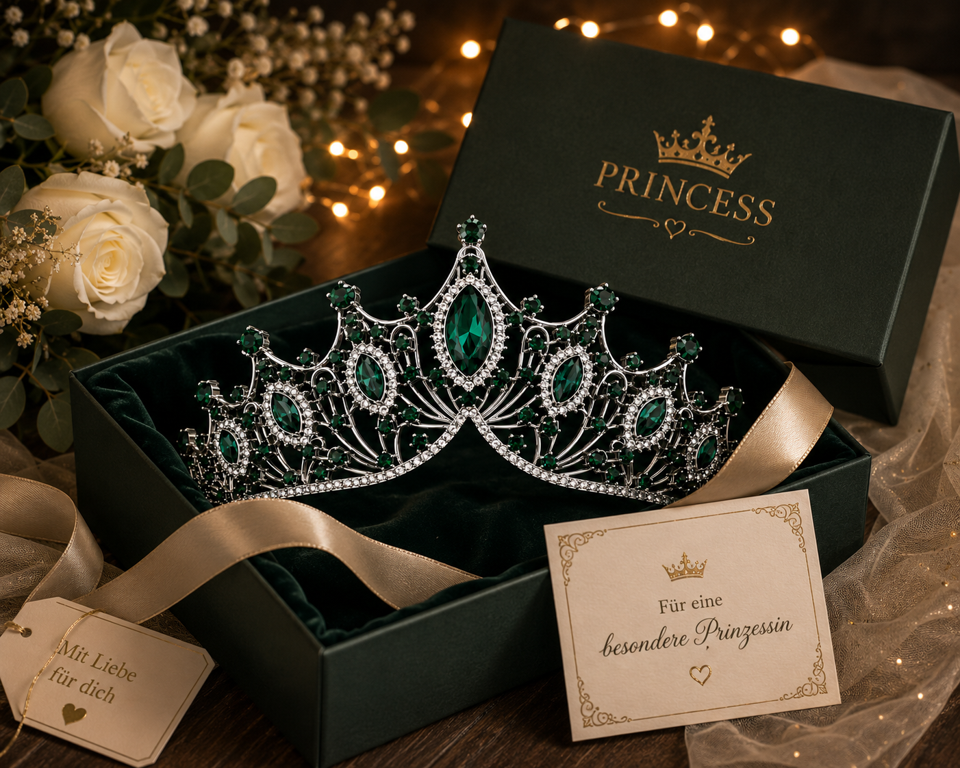 Tiara Verelisse – Verpackung und Präsentation der silbernen Kristall-Krone
