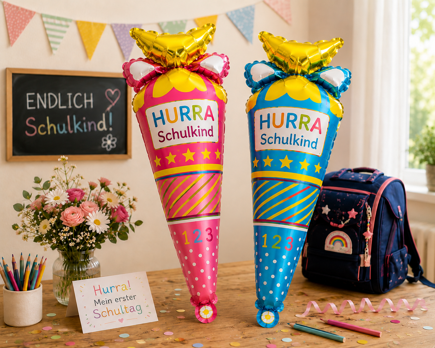 Hurra Schulkind Schultütenballons als Dekoration zur Einschulung auf festlich dekoriertem Tisch mit Schulranzen.