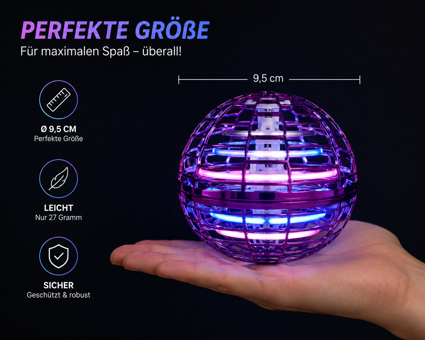 Magic Flight Ball auf einer Hand zum Größenvergleich – kompakter Flugball mit 9,5 cm Durchmesser