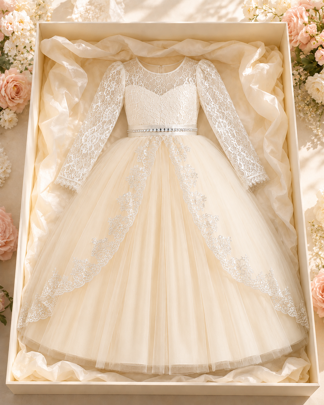 Celestial Prinzessinnenkleid in Creme in luxuriöser Geschenkbox mit Seidenpapier und Blumenarrangements