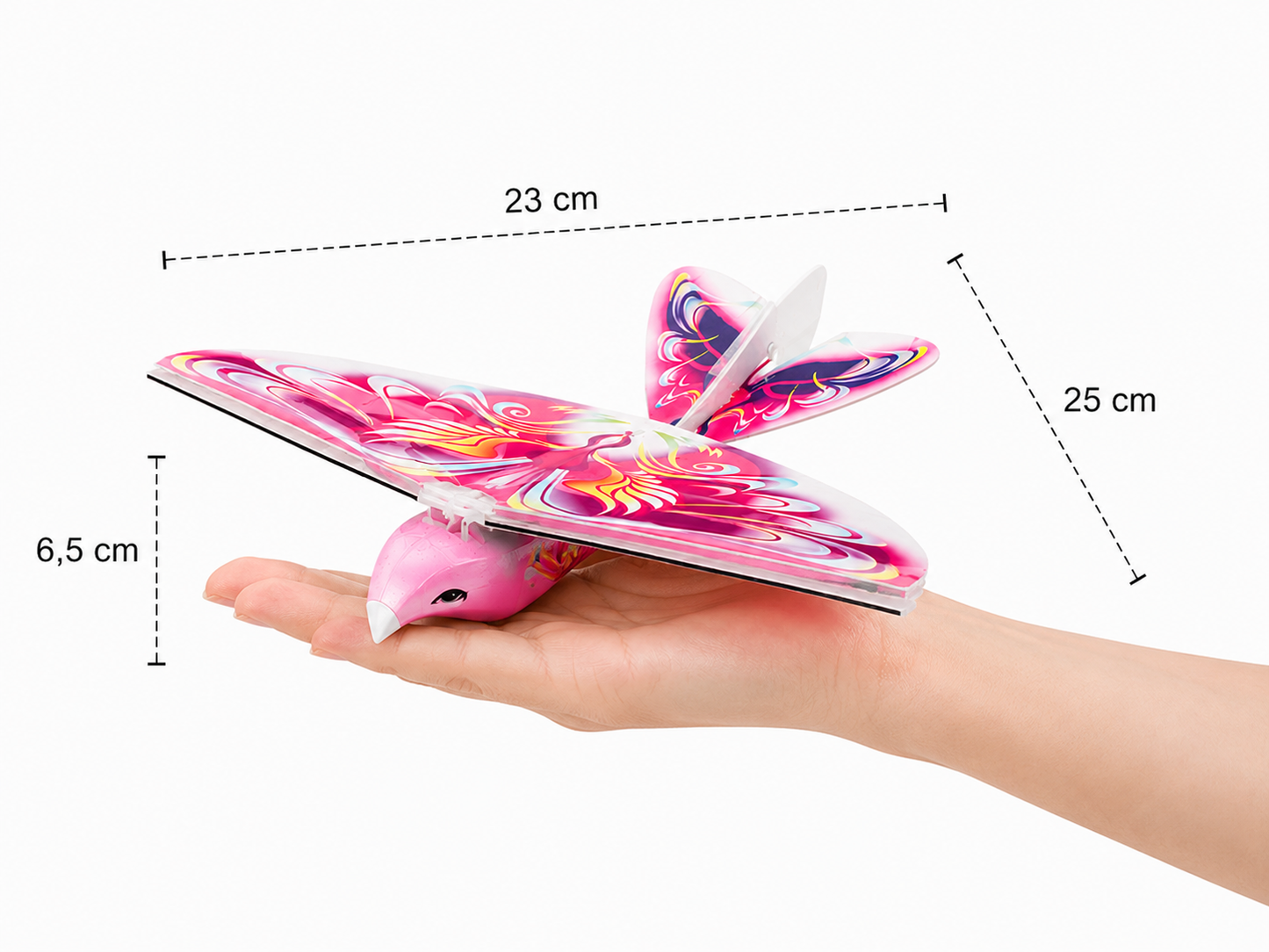 E-BIRD Flugvogel auf einer Hand zum Größenvergleich – ferngesteuertes Flugspielzeug für Kinder