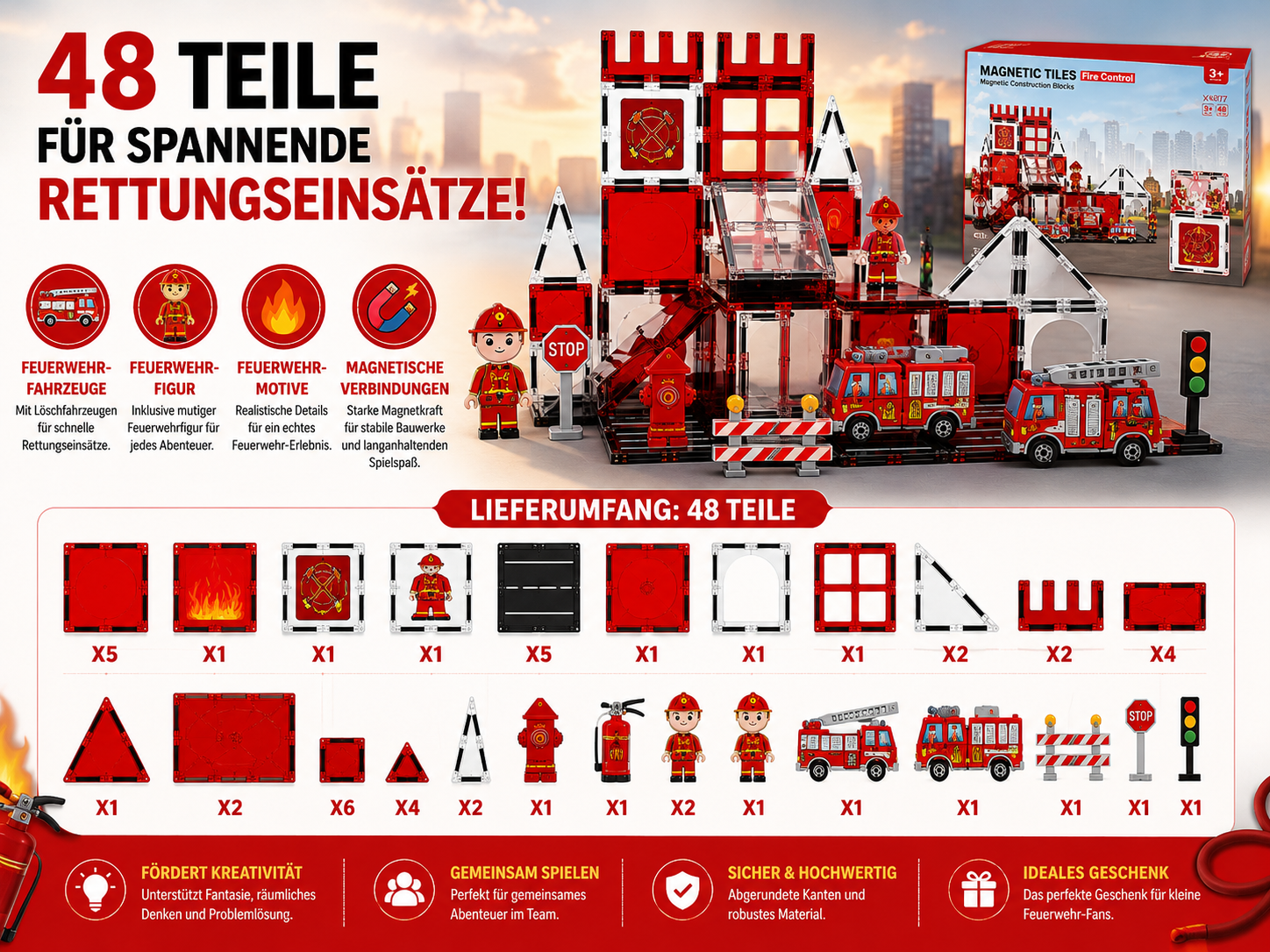 48-teiliges Feuerwehr Magnetbausteine Set mit Figuren, Fahrzeugen und Feuerwehrzubehör im Überblick.