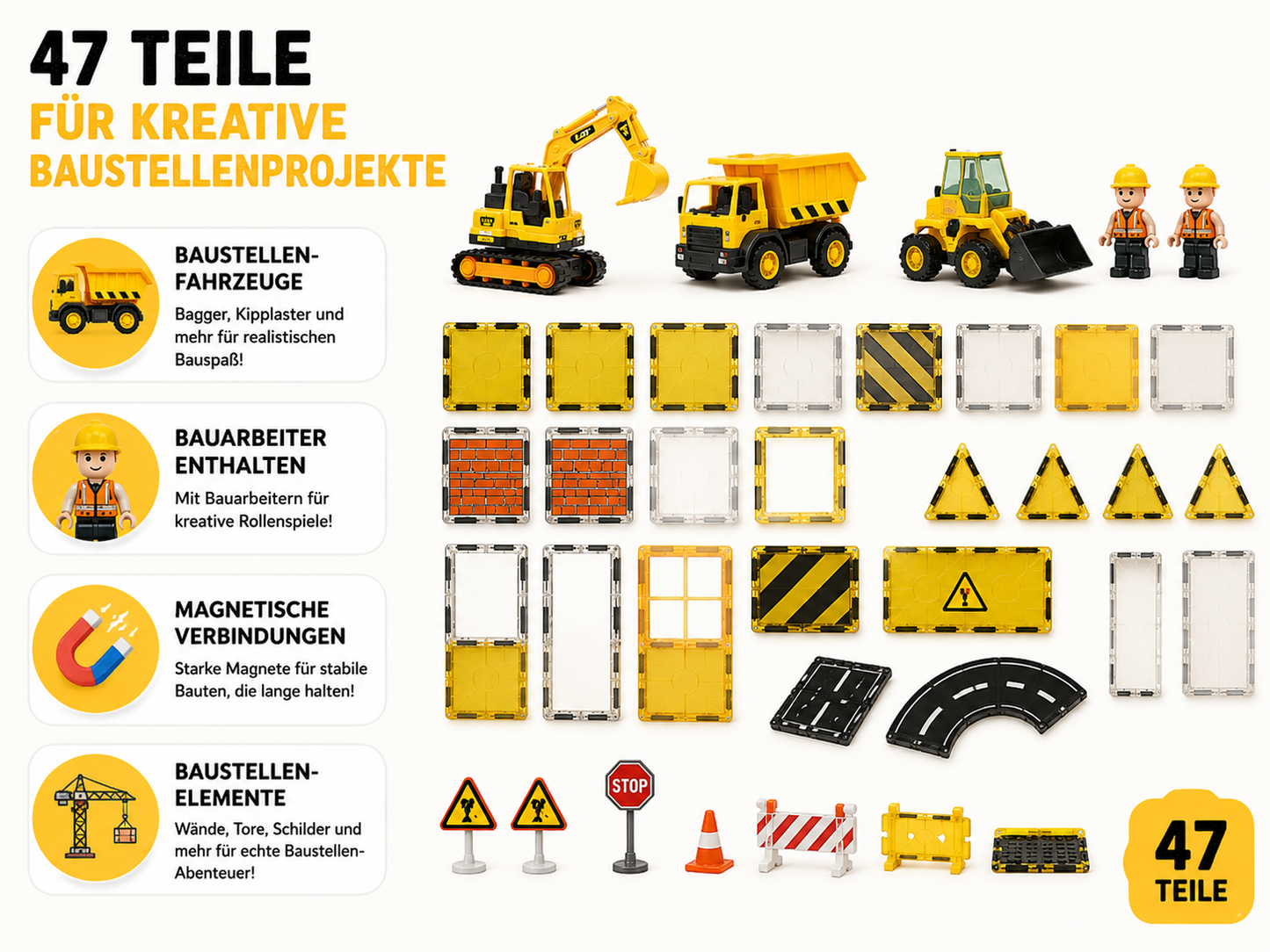 Übersicht aller 47 Teile des Baustellen Magnetbausteine Sets mit Fahrzeugen, Bauarbeitern und Baustellenelementen.