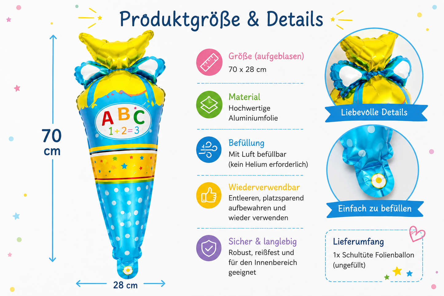 Schultütenballon Einschulung Blau – Folienballon 70 x 28 cm mit Größenübersicht, Material- und Produktinformationen.