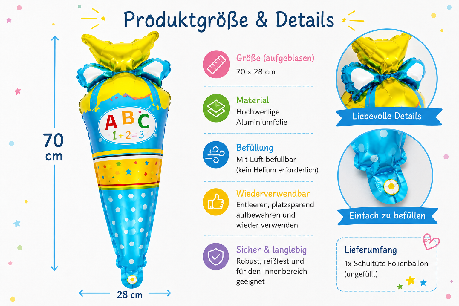 Schultütenballon Einschulung Blau – Folienballon 70 x 28 cm mit Größenübersicht, Material- und Produktinformationen.