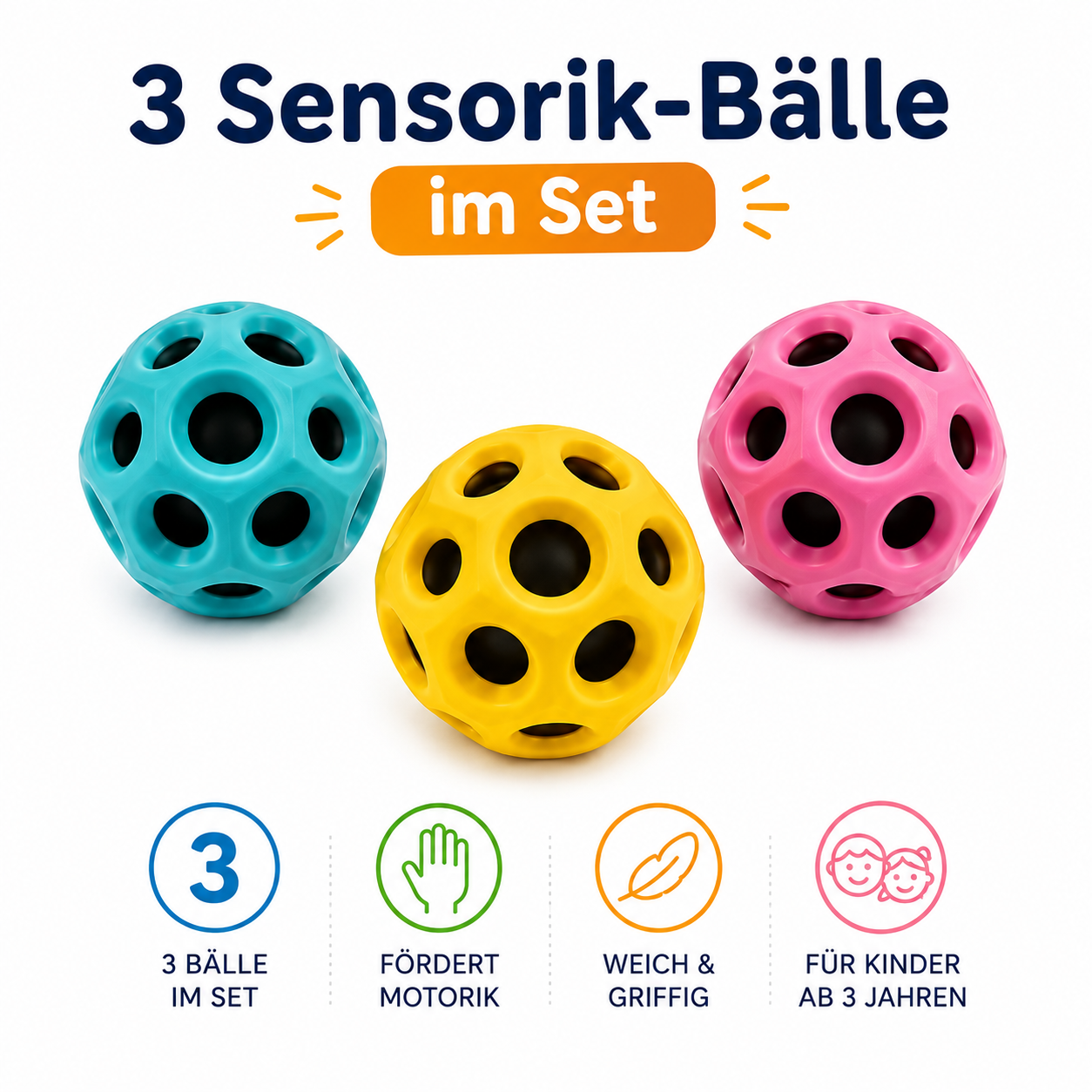 3 Sensorik-Bälle im Set in verschiedenen Farben für Spiel, Motorik und Sensorik.
