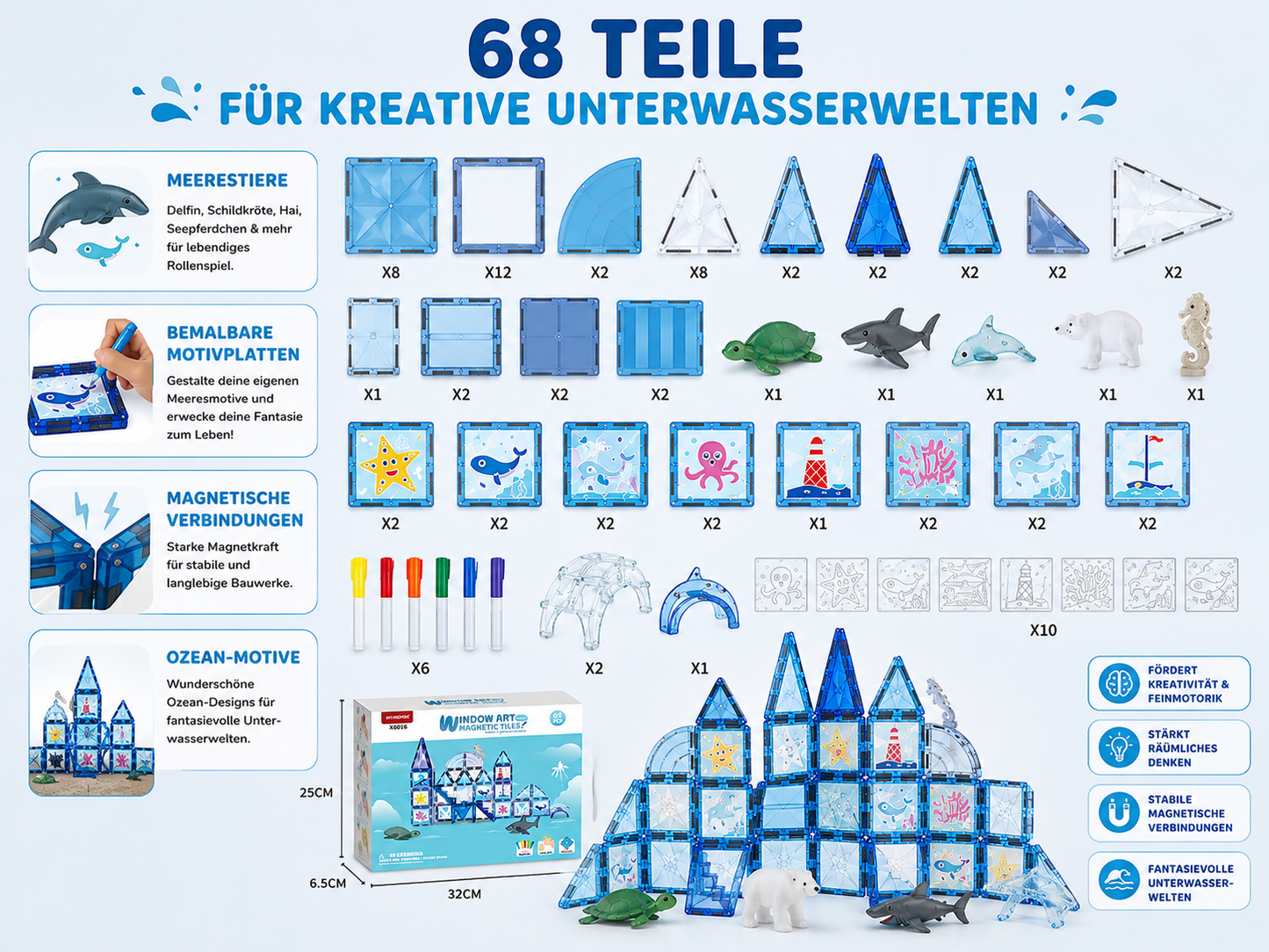 Übersicht aller 68 Teile des Ozean-Magnetbaustein-Sets mit Meerestieren, Motivplatten und Magnetelementen.